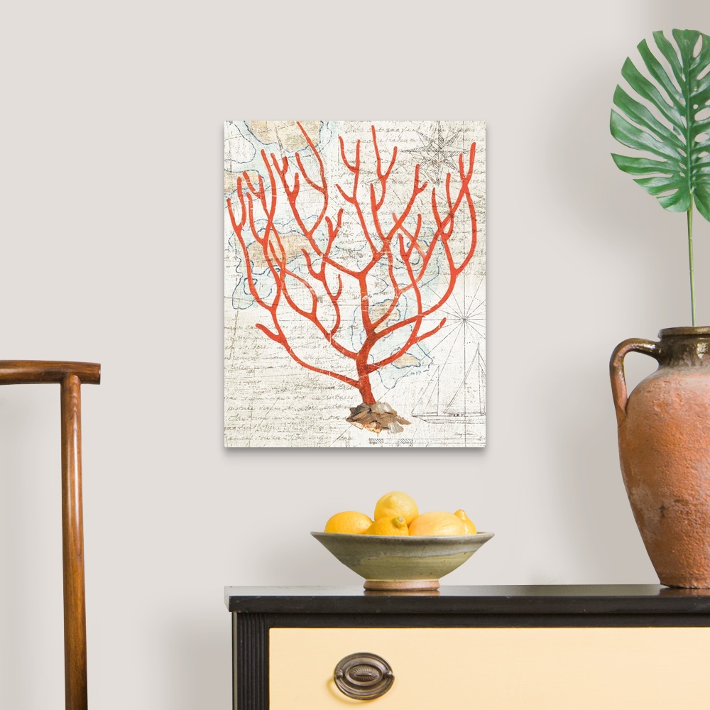 A traditional room featuring Vintage stylized illustration of red coral against a vintage map background.
