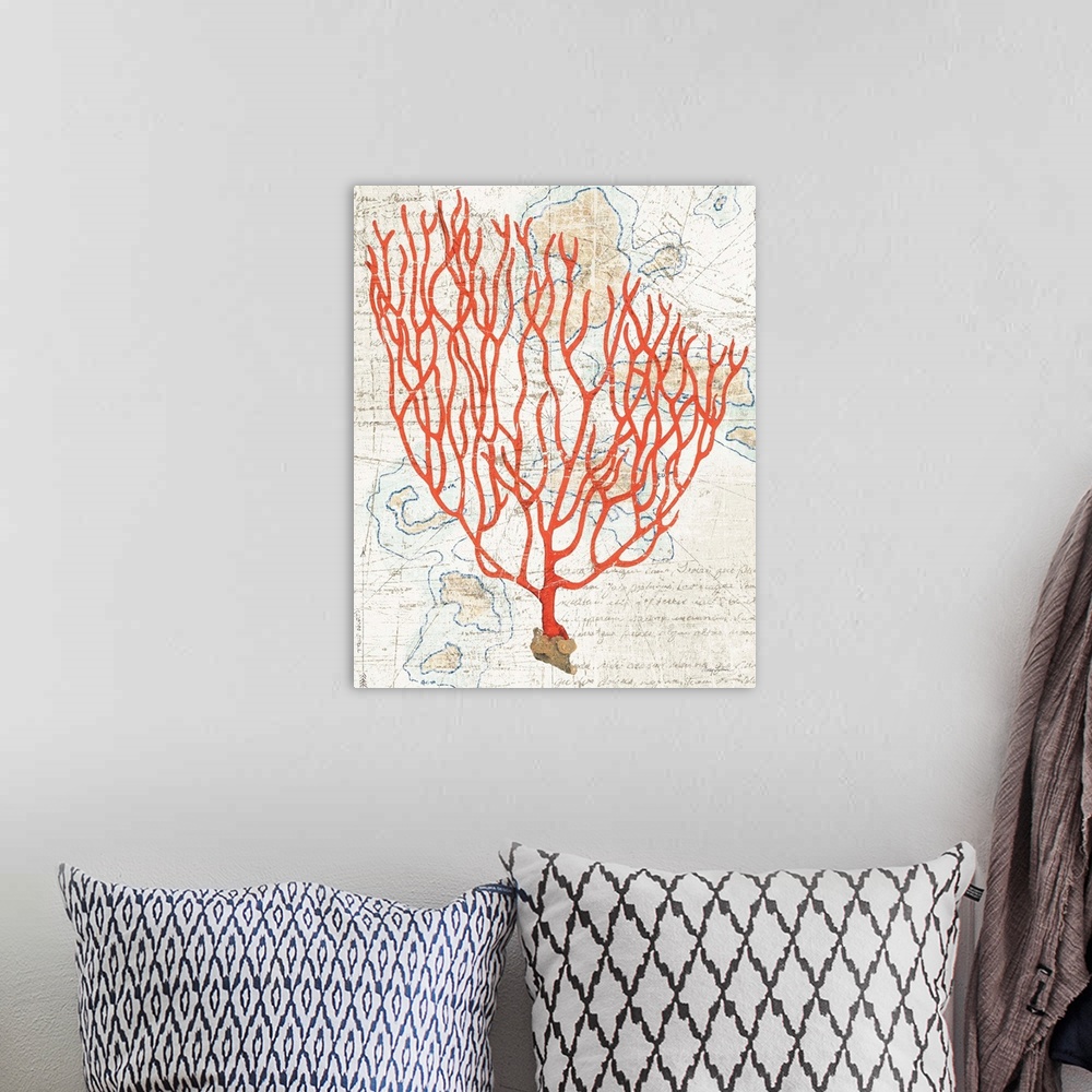 A bohemian room featuring Vintage stylized illustration of red coral against a vintage map background.