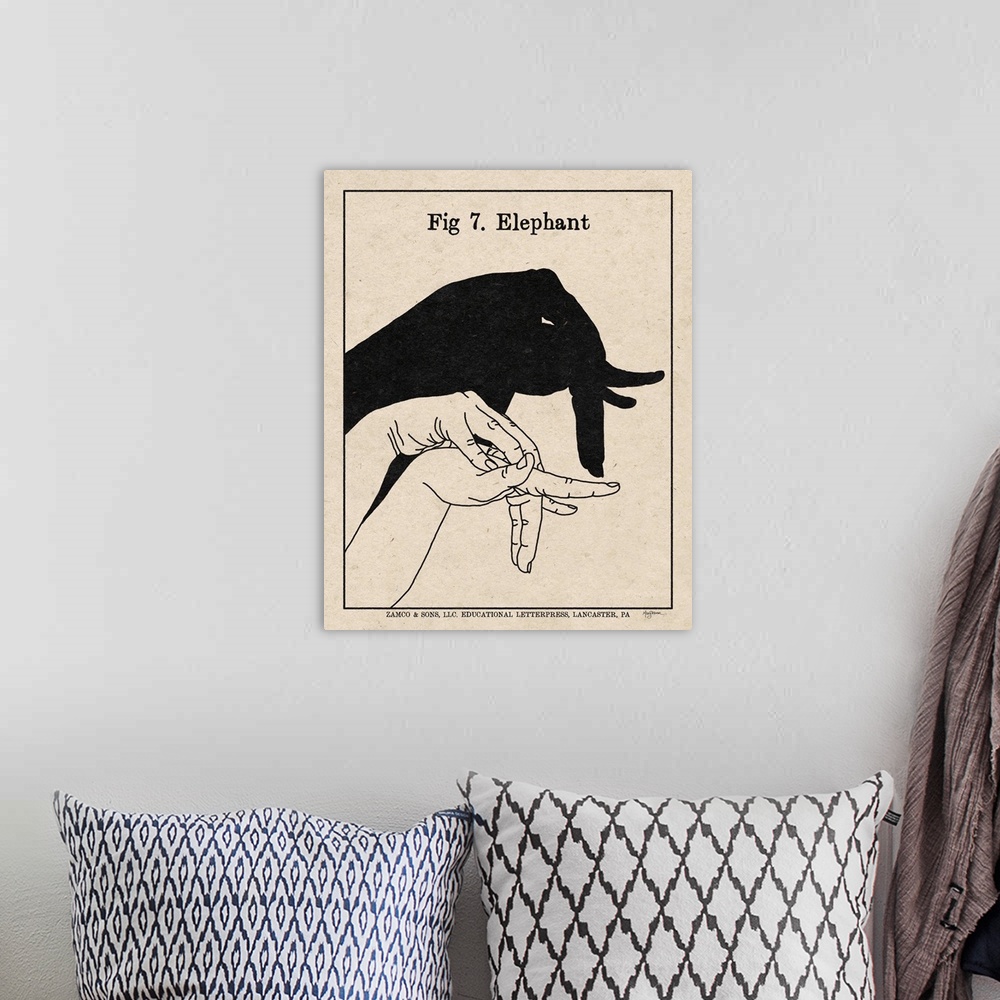 A bohemian room featuring Instructional illustration of an elephant hand shadow puppet.