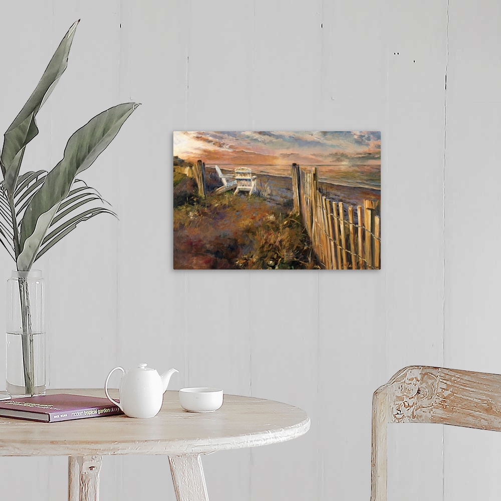 A farmhouse room featuring A contemporary impressionistic painting of Adirondack chairs on dune looking out to sea.