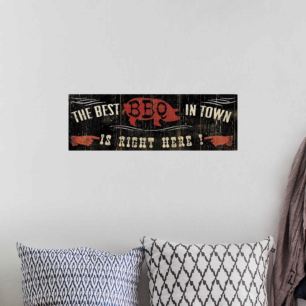 A bohemian room featuring Panoramic shaped, distressed typographic wall art for the kitchen or restaurant.