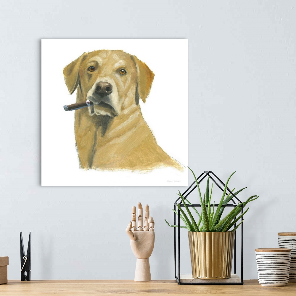 A bohemian room featuring Square painting of a yellow lab smoking a cigar on a solid white background.