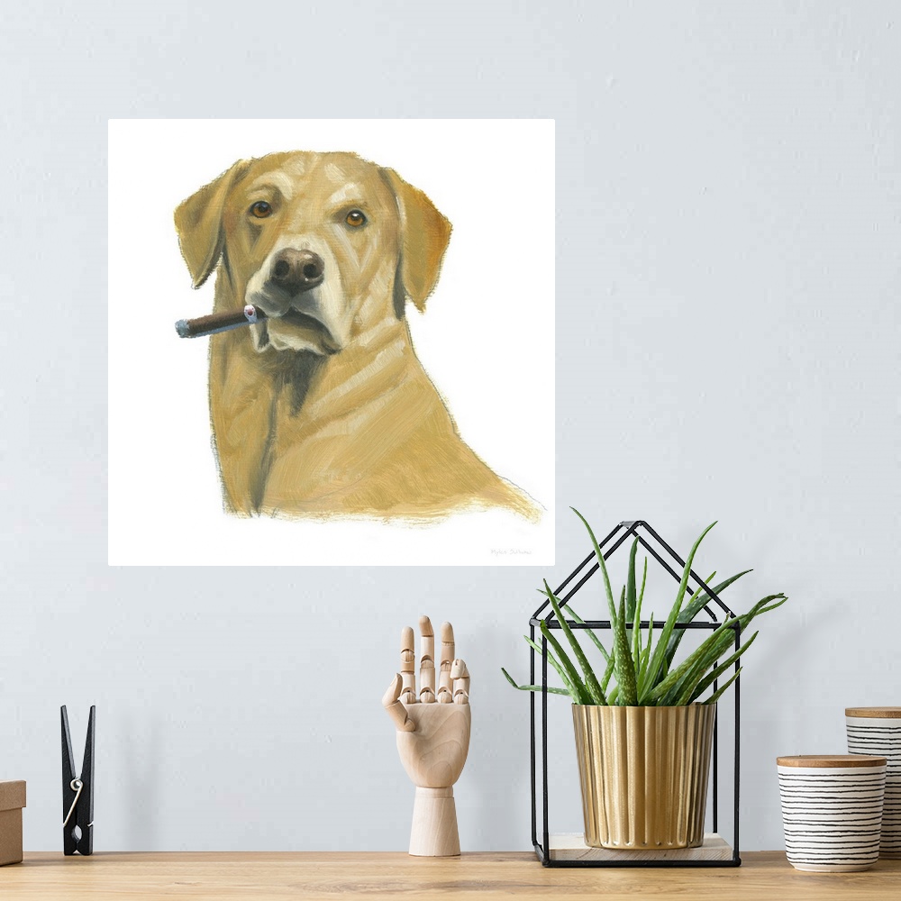 A bohemian room featuring Square painting of a yellow lab smoking a cigar on a solid white background.