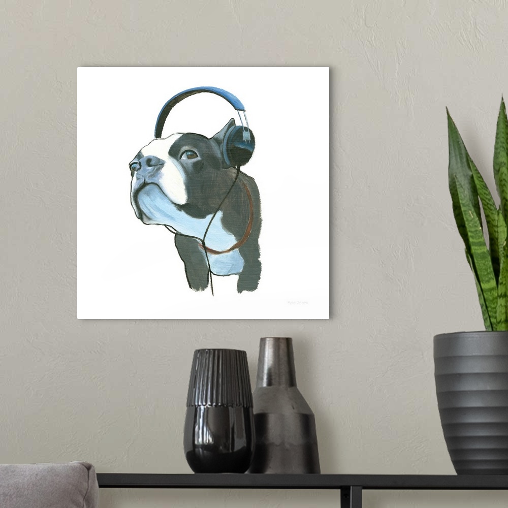 A modern room featuring Square painting of a Boston terrier wearing headphones on a solid white background.