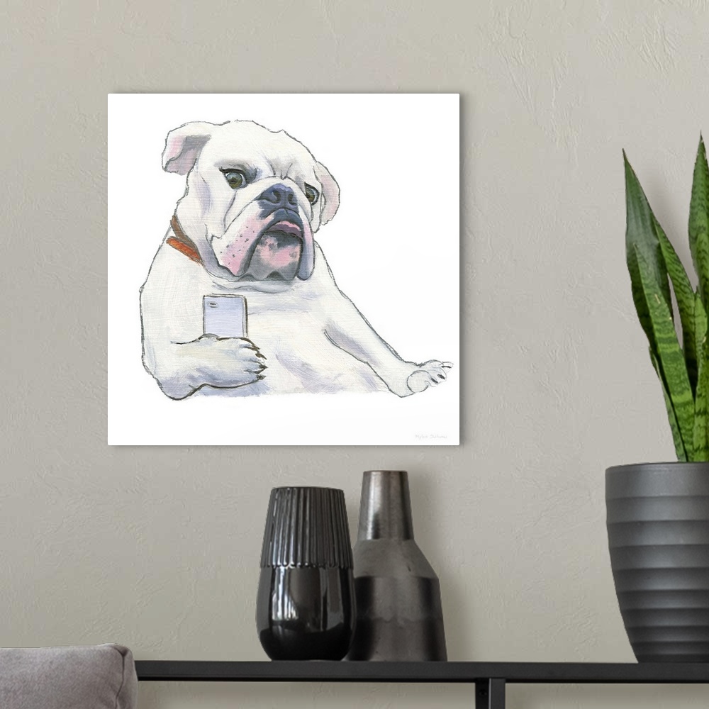 A modern room featuring Square painting of a white bulldog using a cellphone on a solid white background.