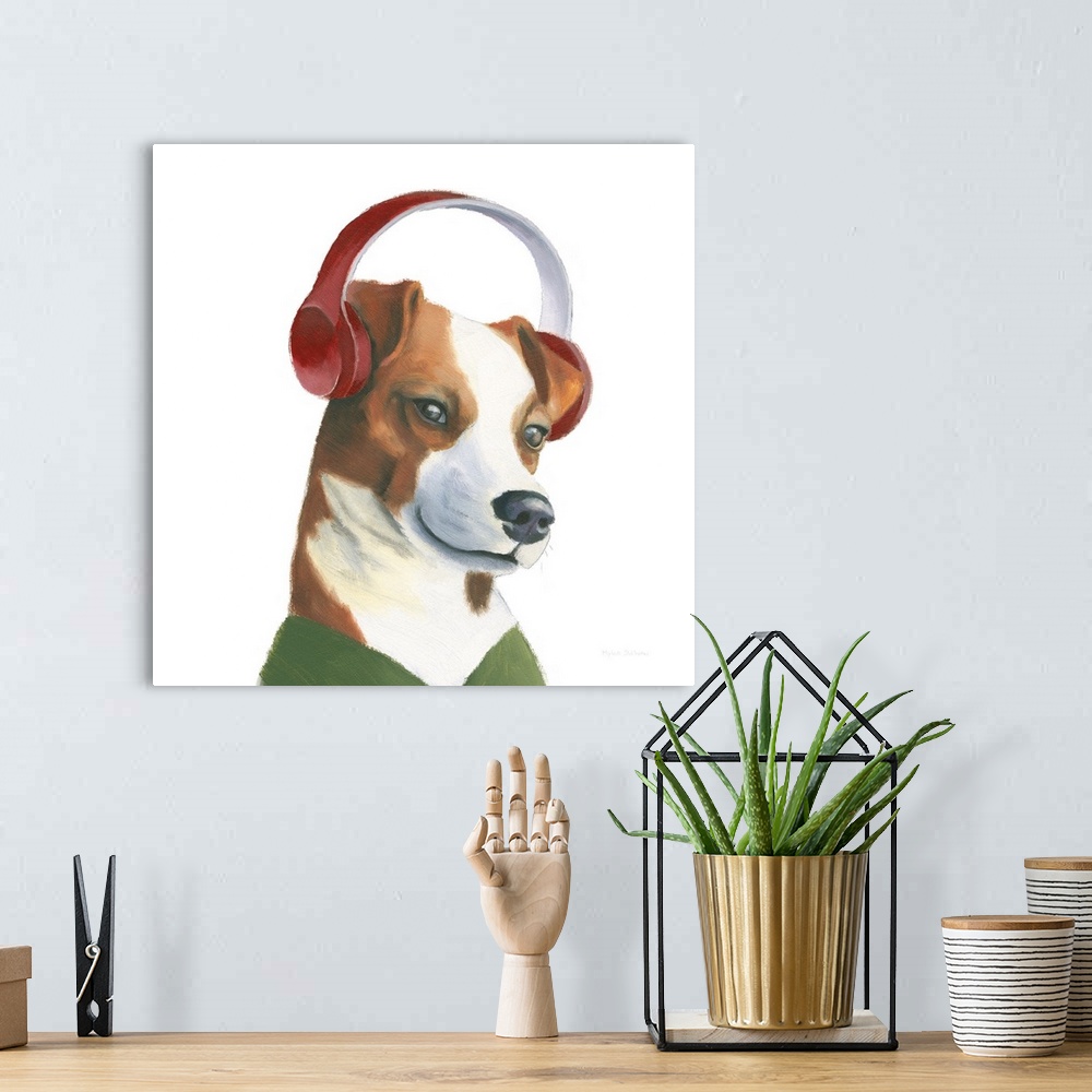 A bohemian room featuring Square painting of a Jack Russel wearing red headphones and a green sweater.
