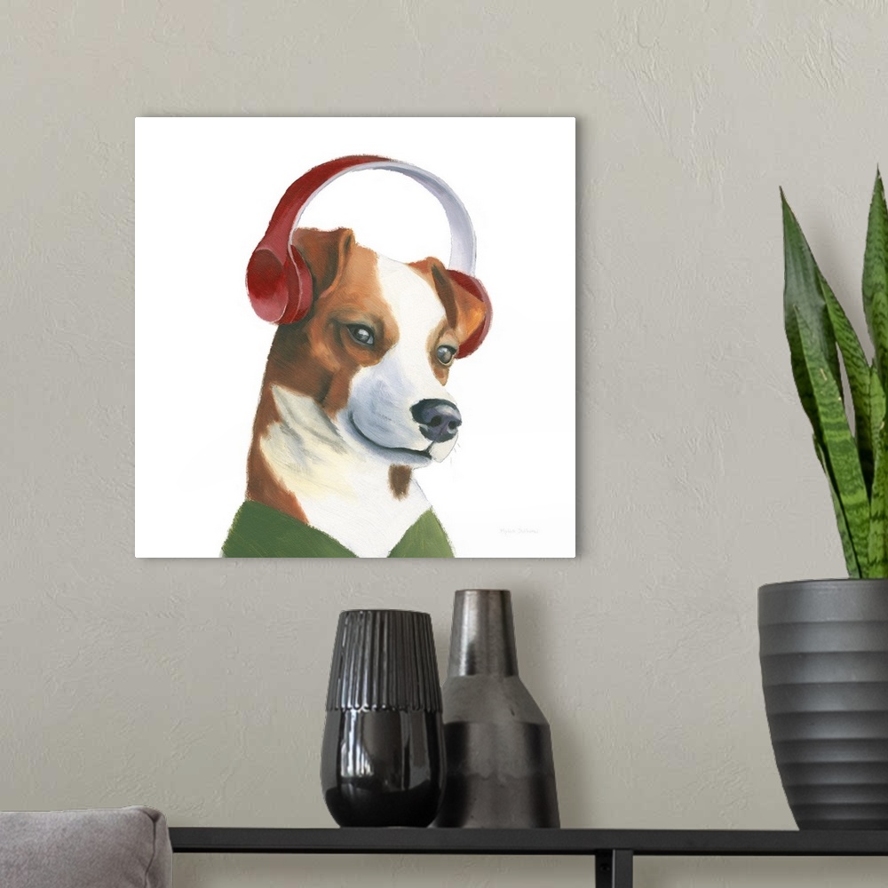 A modern room featuring Square painting of a Jack Russel wearing red headphones and a green sweater.