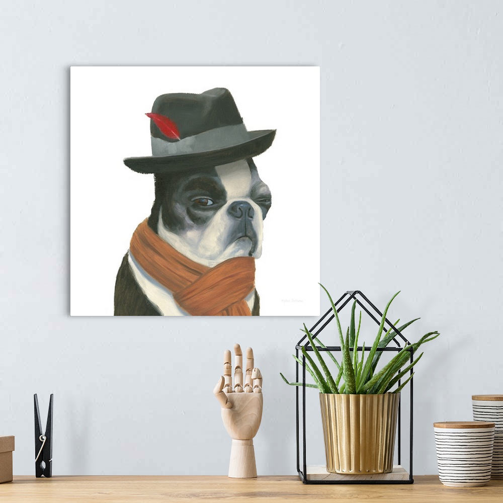 A bohemian room featuring Square painting of a "hipster" Boston Terrier wearing a black fedora with a red feather and a scarf.