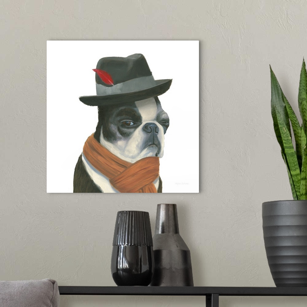 A modern room featuring Square painting of a "hipster" Boston Terrier wearing a black fedora with a red feather and a scarf.