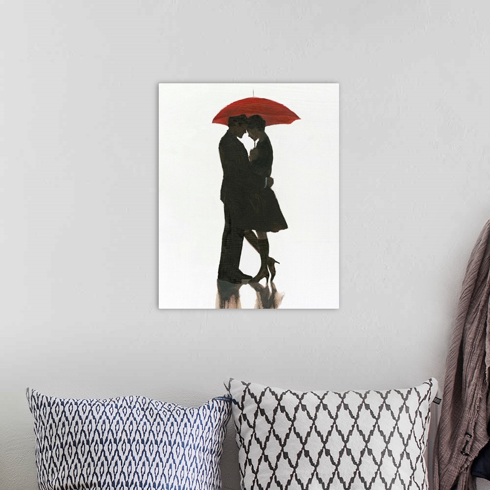 A bohemian room featuring Image of a man and woman embracing under a red umbrella with a brush textured overlay.