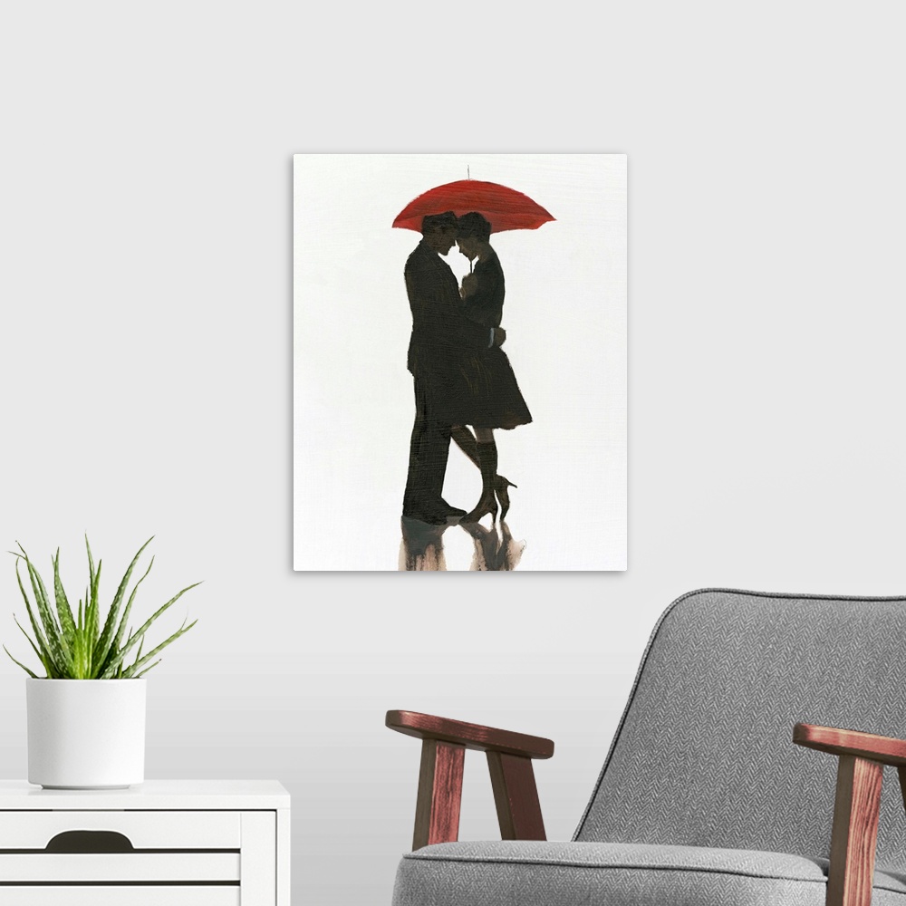 A modern room featuring Image of a man and woman embracing under a red umbrella with a brush textured overlay.