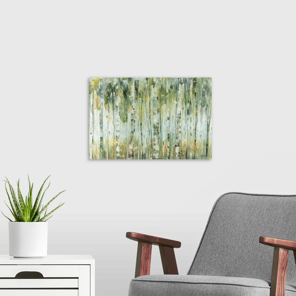 A modern room featuring Horizontal contemporary abstract painting with lines of green, blue, yellow, and gold hues runnin...