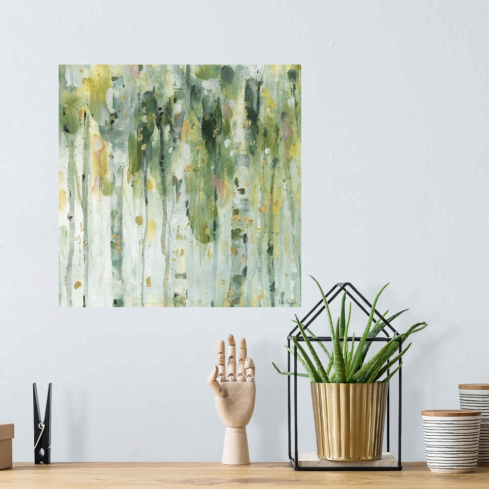 A bohemian room featuring Square contemporary abstract painting with lines of green, blue, yellow, and gold hues running ve...