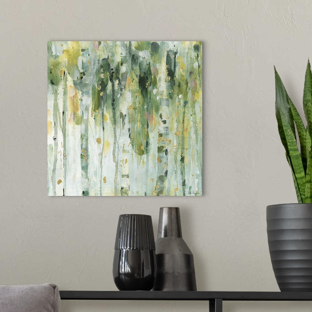 A modern room featuring Square contemporary abstract painting with lines of green, blue, yellow, and gold hues running ve...