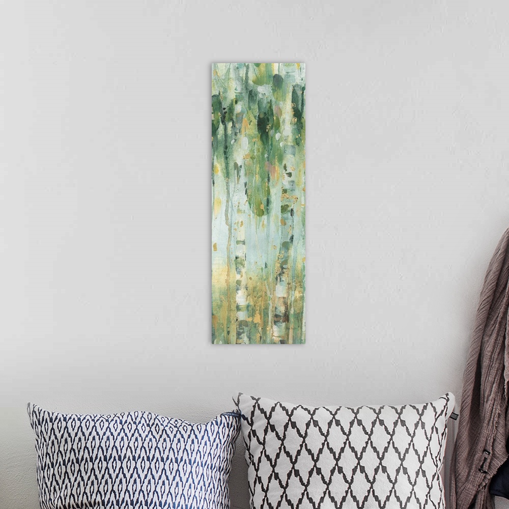 A bohemian room featuring Tall and skinny vertical contemporary abstract painting with lines of green, blue, yellow, and go...