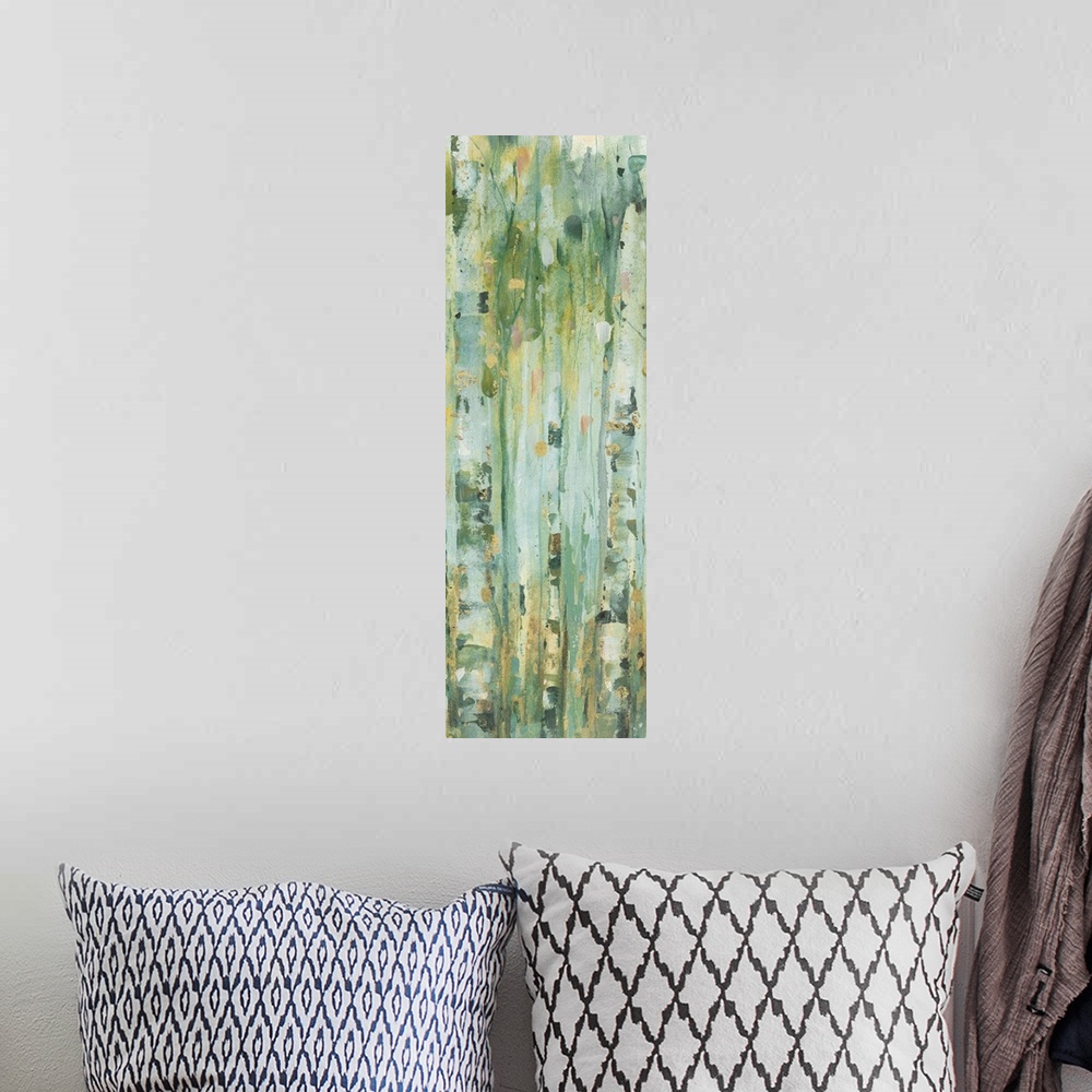 A bohemian room featuring Tall and skinny vertical contemporary abstract painting with lines of green, blue, yellow, and go...