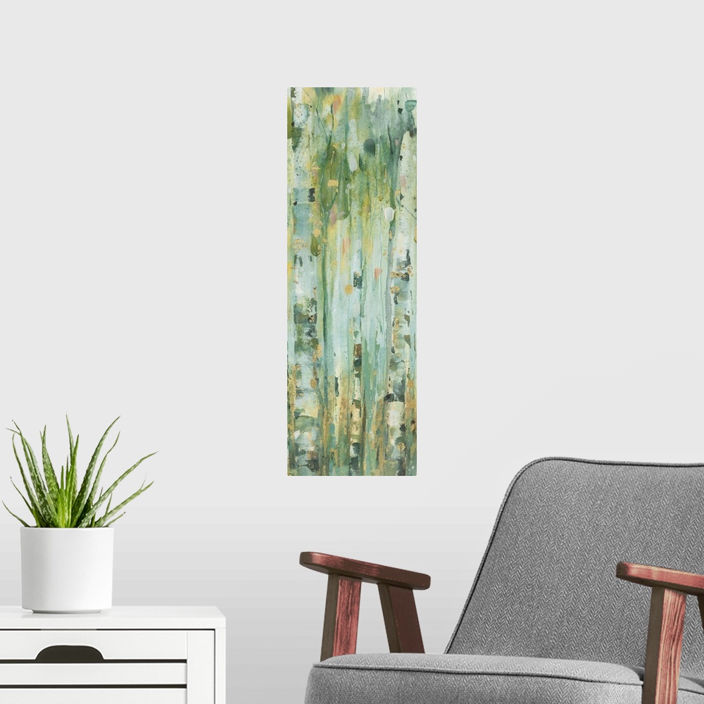 A modern room featuring Tall and skinny vertical contemporary abstract painting with lines of green, blue, yellow, and go...