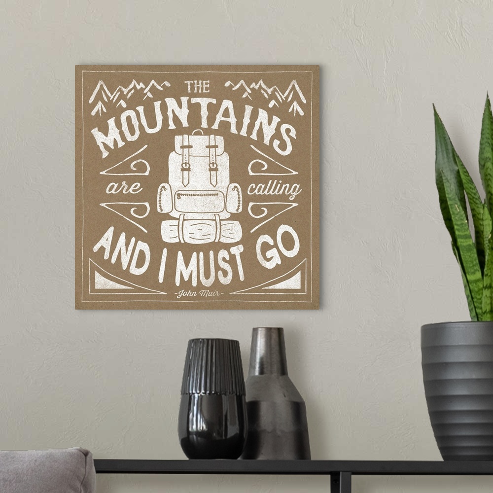 A modern room featuring Outdoorsy inspirational sentiment artwork in a rustic natural colors.