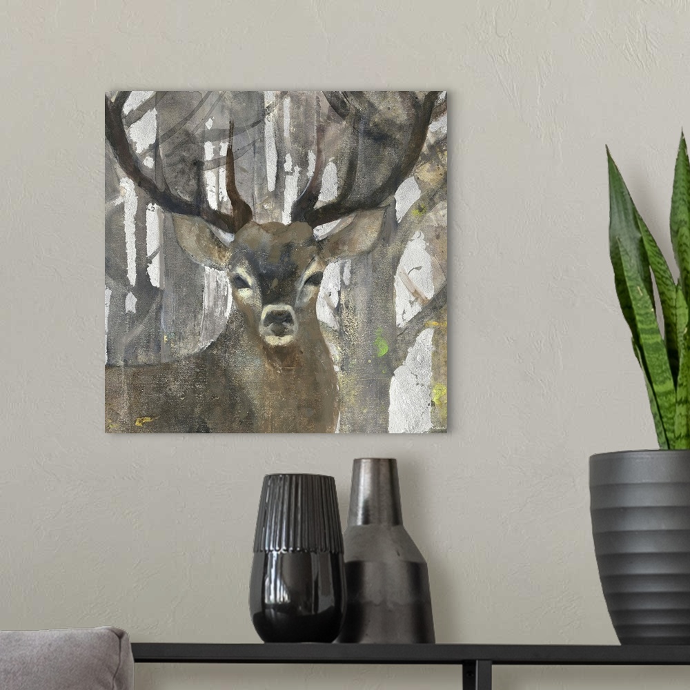 A modern room featuring Contemporary artwork of a stag in a forest.