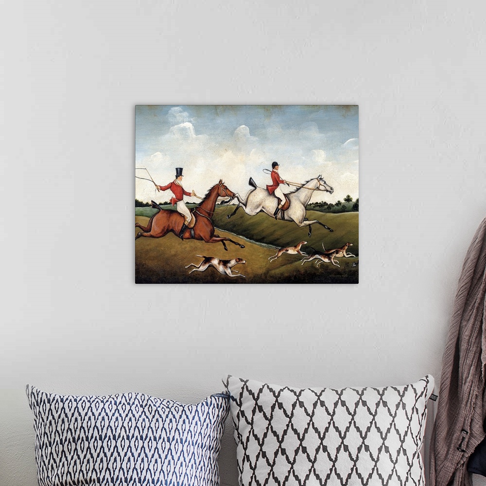 A bohemian room featuring A contemporary painting of an English fox hunt with a distressed appearance.