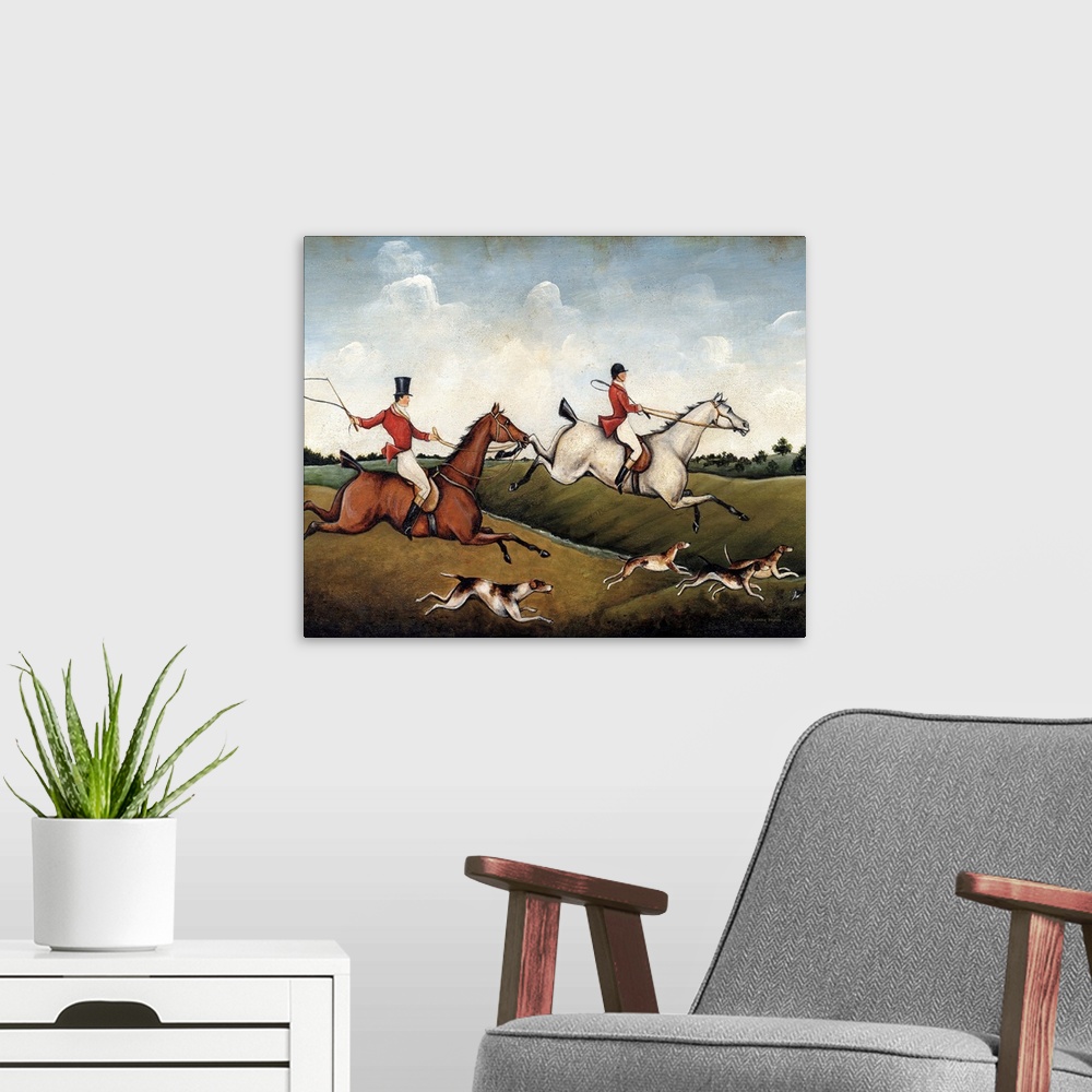 A modern room featuring A contemporary painting of an English fox hunt with a distressed appearance.