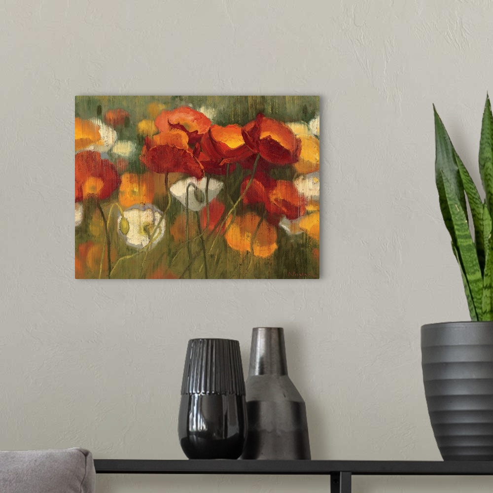 A modern room featuring Huge contemporary floral art shows a lineup of flowers and buds with lots of warm and earthy tone...