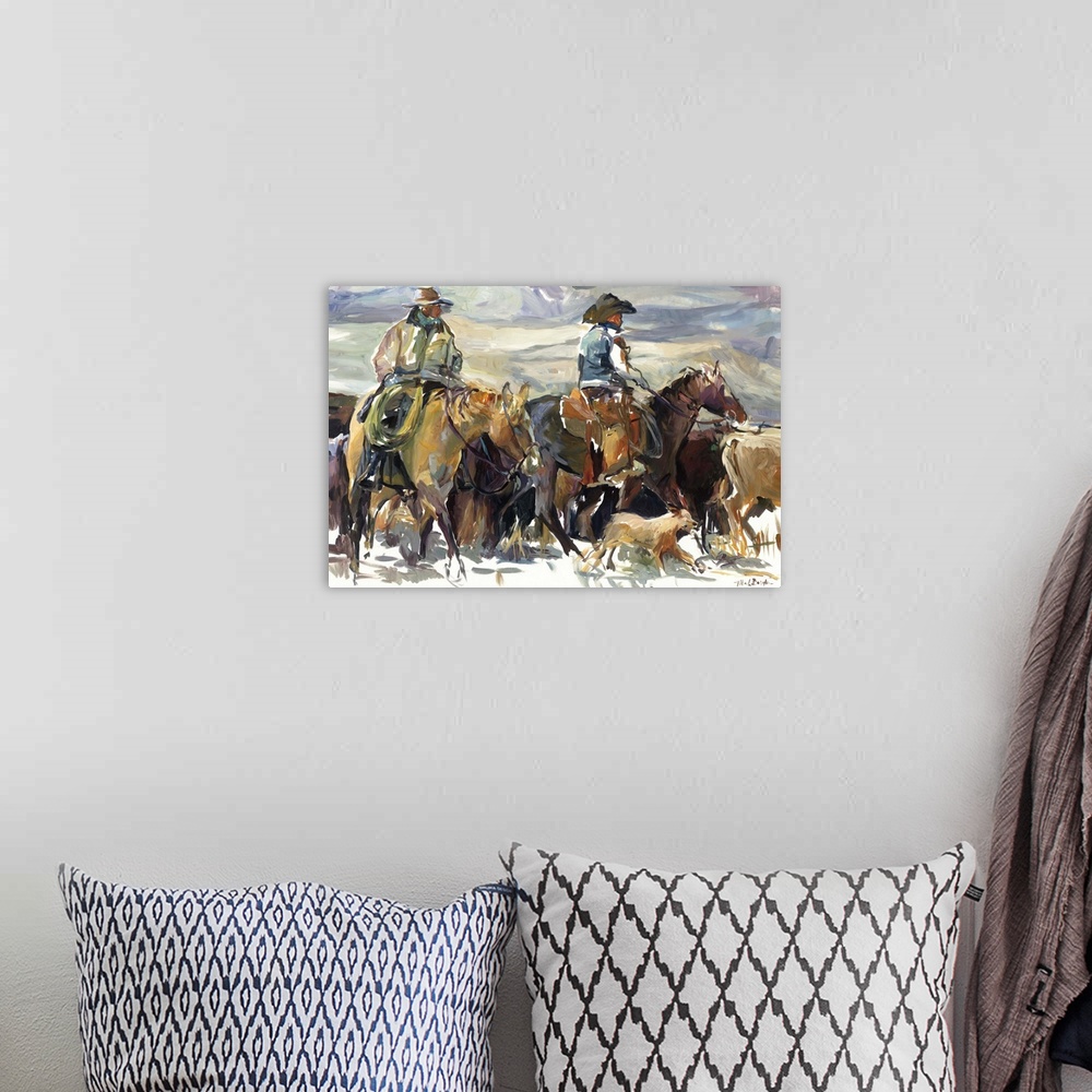 A bohemian room featuring Cowboys on horseback fording cattle through a river.