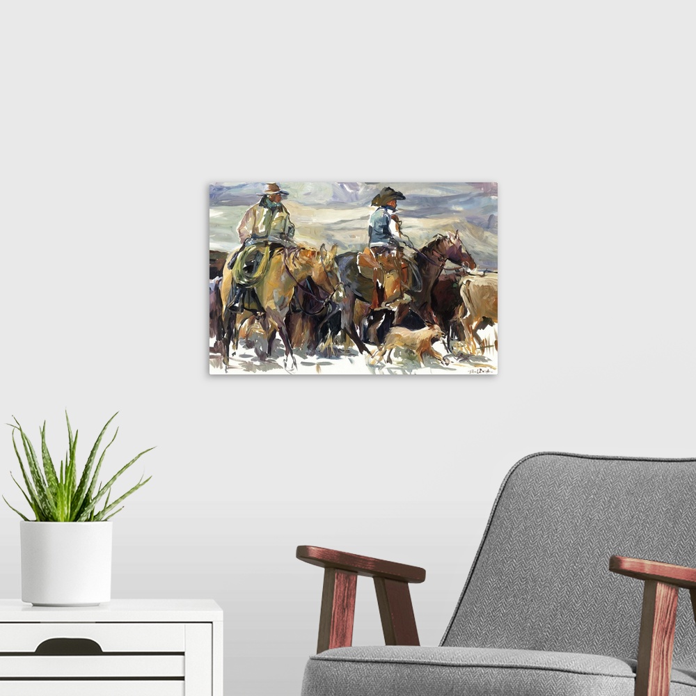 A modern room featuring Cowboys on horseback fording cattle through a river.
