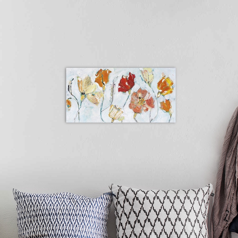A bohemian room featuring Contemporary painting of muted red an orange flowers against a pale blue background.