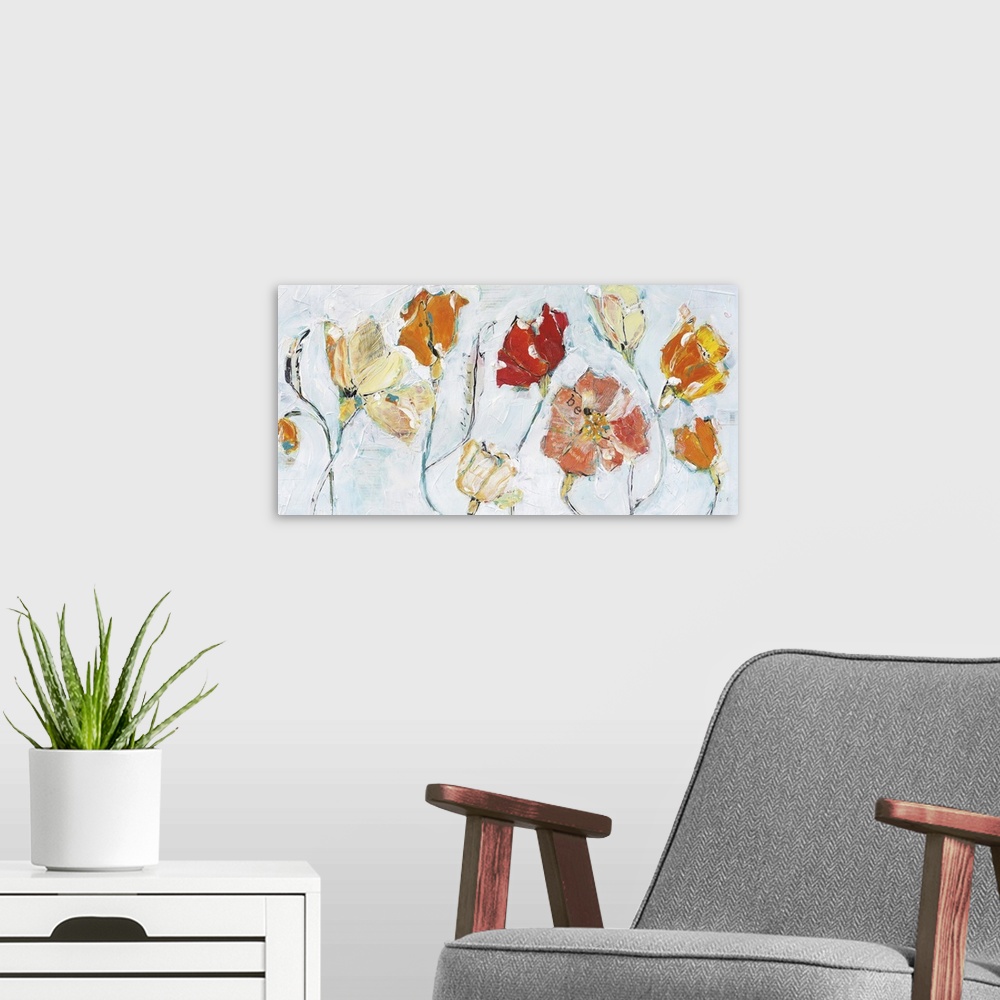 A modern room featuring Contemporary painting of muted red an orange flowers against a pale blue background.