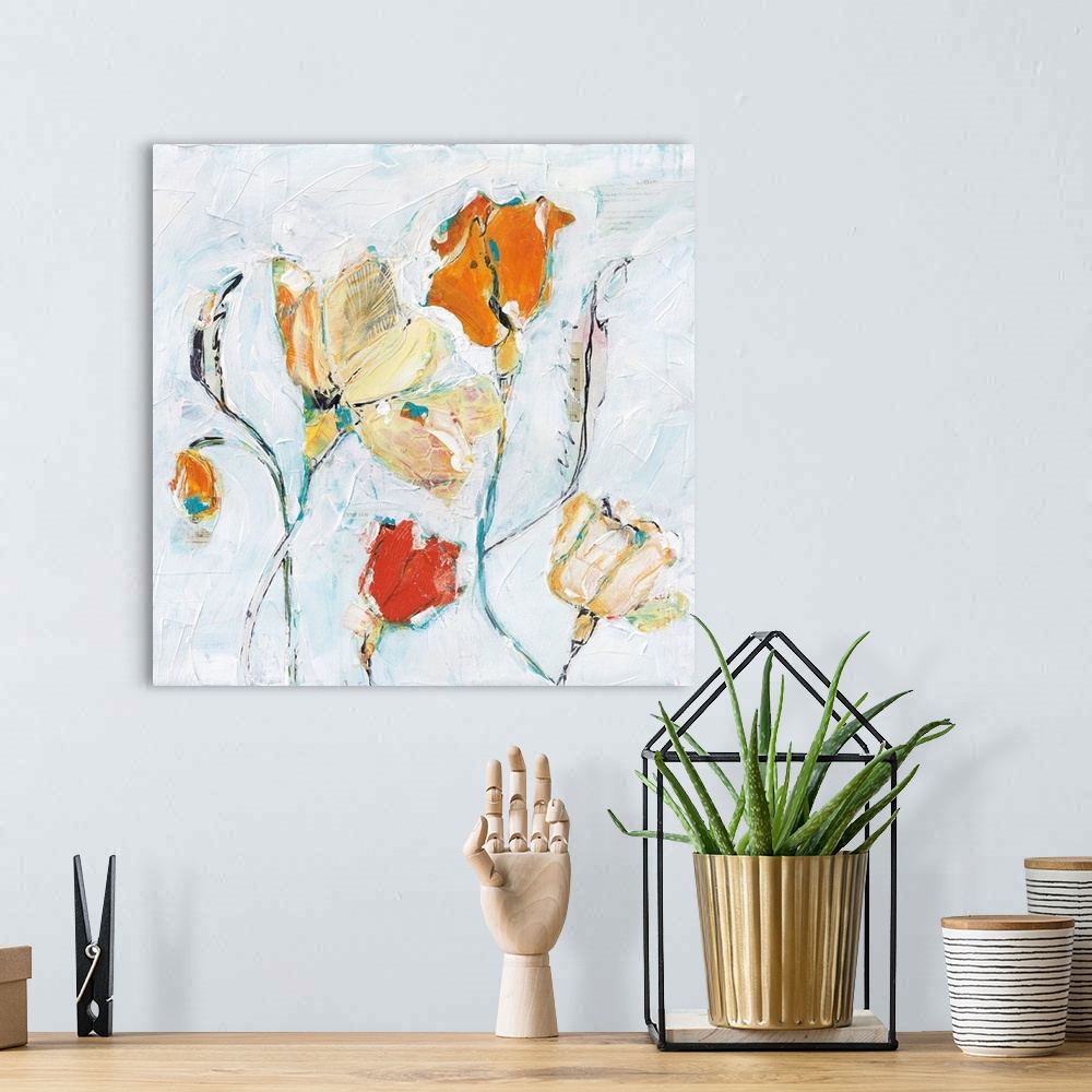 A bohemian room featuring Contemporary painting of a orange and cream colored flowers.