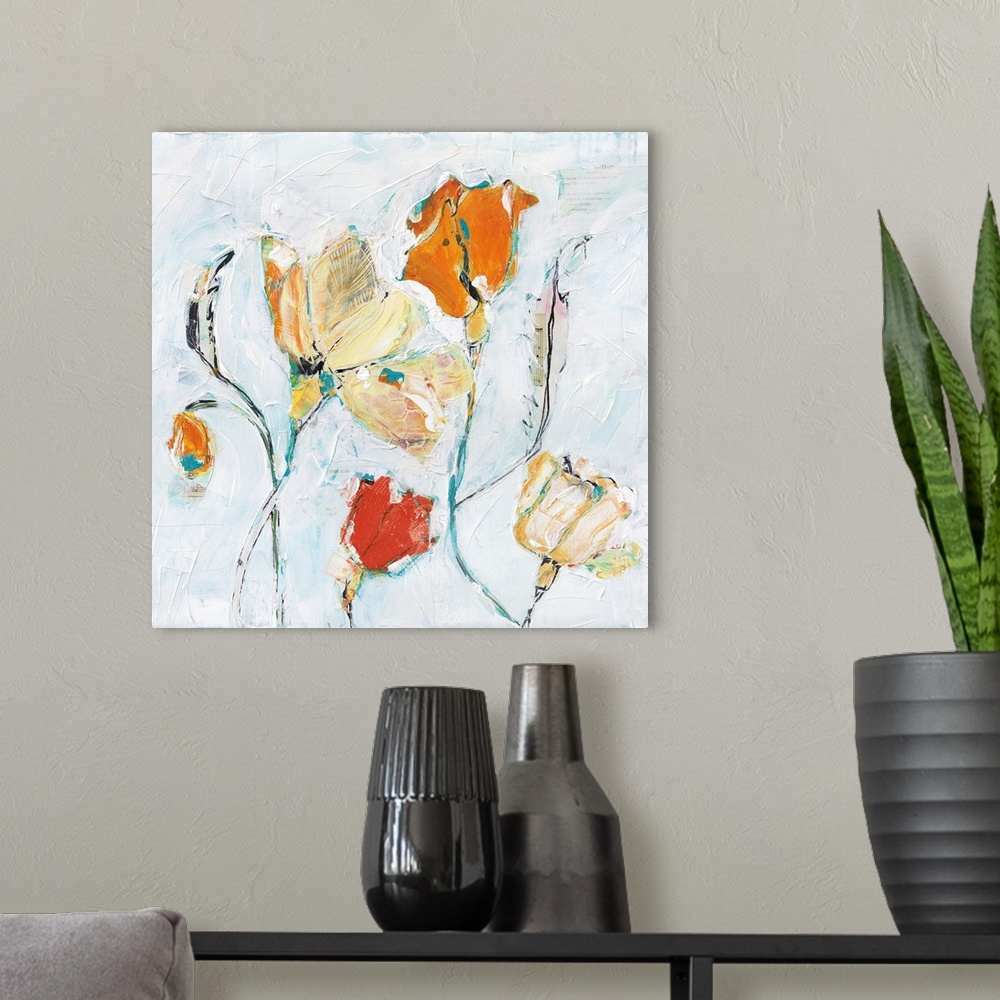 A modern room featuring Contemporary painting of a orange and cream colored flowers.