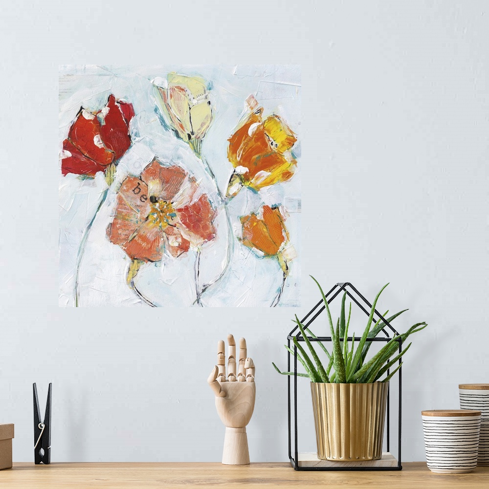 A bohemian room featuring Contemporary painting of a orange and cream colored flowers.