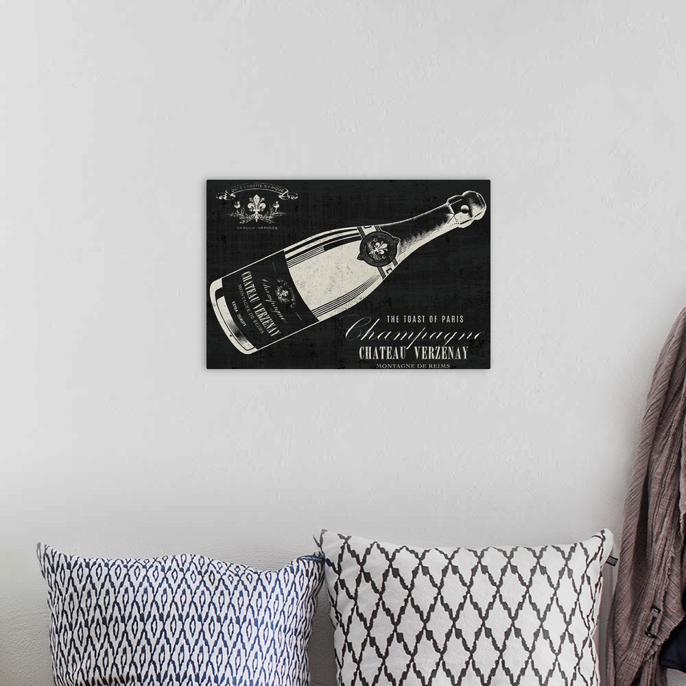 A bohemian room featuring Contemporary artwork of a champagne bottle against a black background.