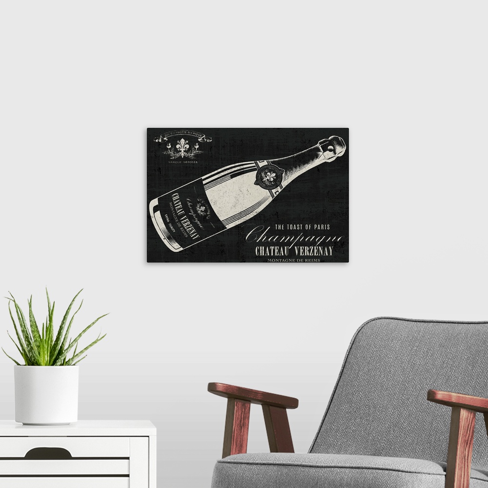 A modern room featuring Contemporary artwork of a champagne bottle against a black background.