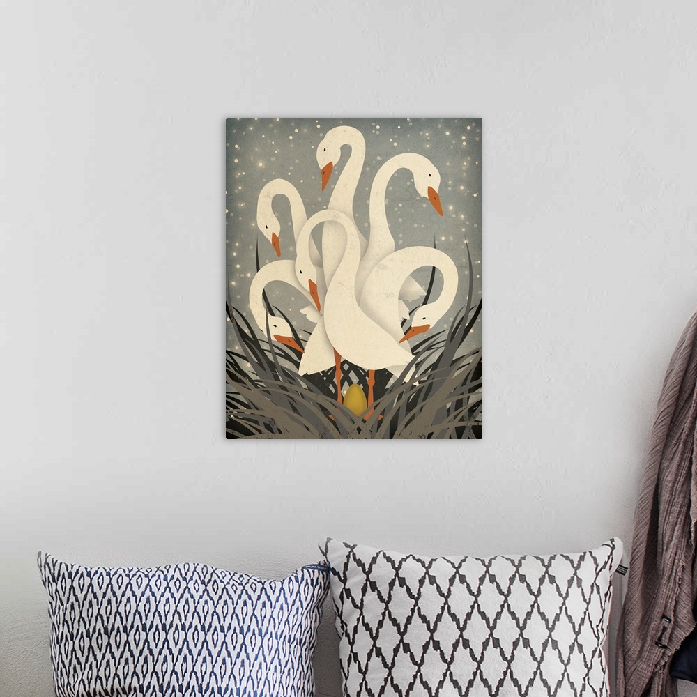 A bohemian room featuring A heartwarming modern folk-art image of six white geese all looking at a golden egg in the nest b...