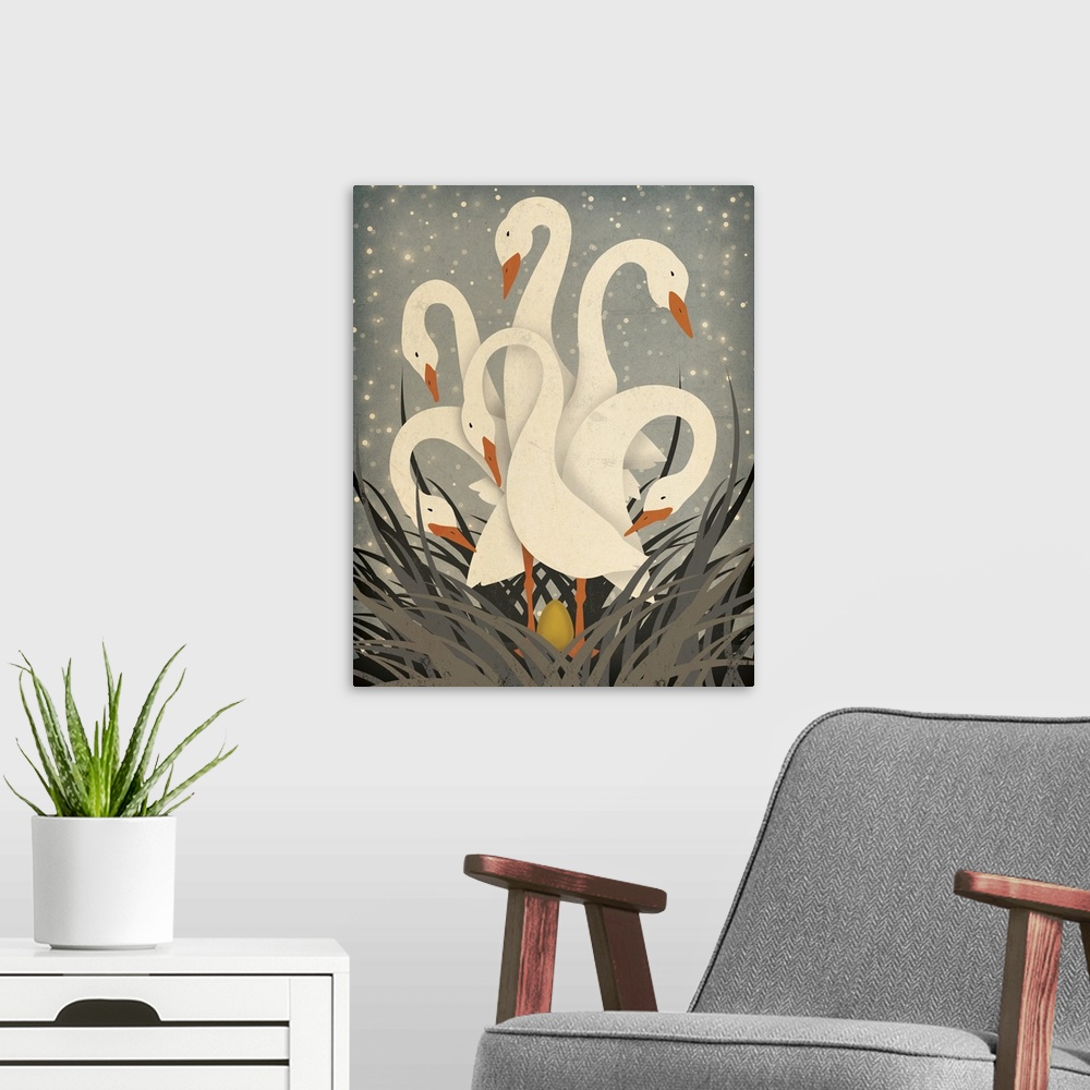 A modern room featuring A heartwarming modern folk-art image of six white geese all looking at a golden egg in the nest b...