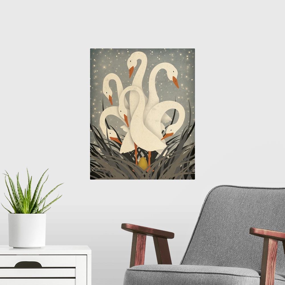 A modern room featuring A heartwarming modern folk-art image of six white geese all looking at a golden egg in the nest b...