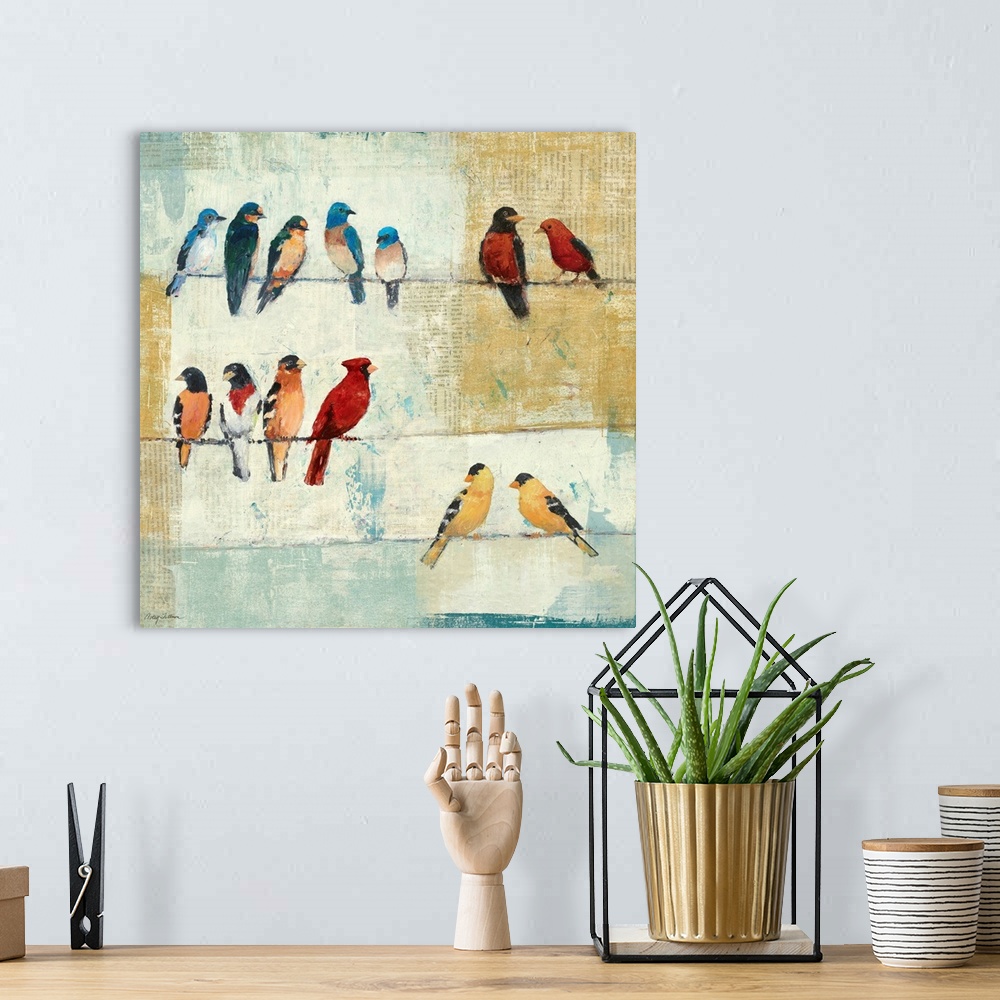 A bohemian room featuring This decorative accent features  North American birds, Mountain Bluebirds, Eastern Bluebirds, Bar...