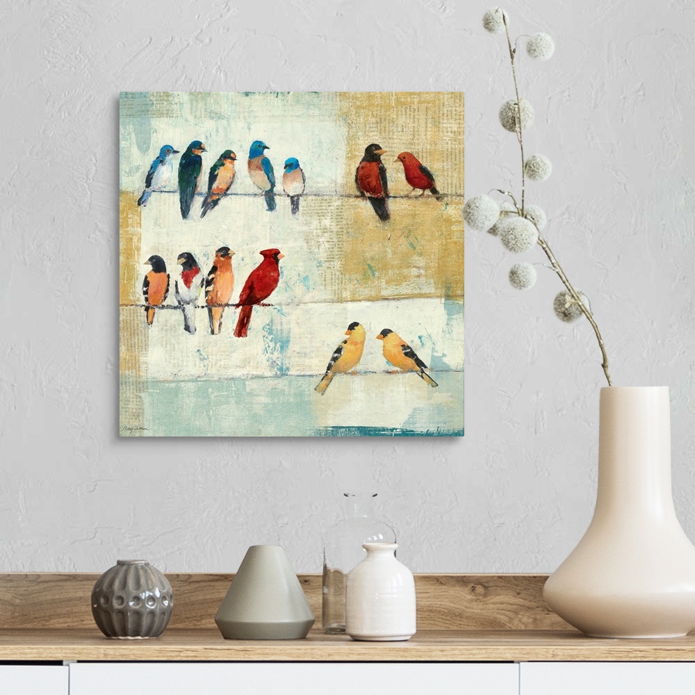 A farmhouse room featuring This decorative accent features  North American birds, Mountain Bluebirds, Eastern Bluebirds, Bar...