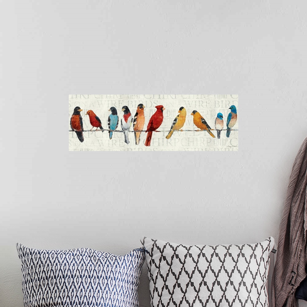 A bohemian room featuring This panoramic shaped painting shows North American birds lined up while perched on a thin line.