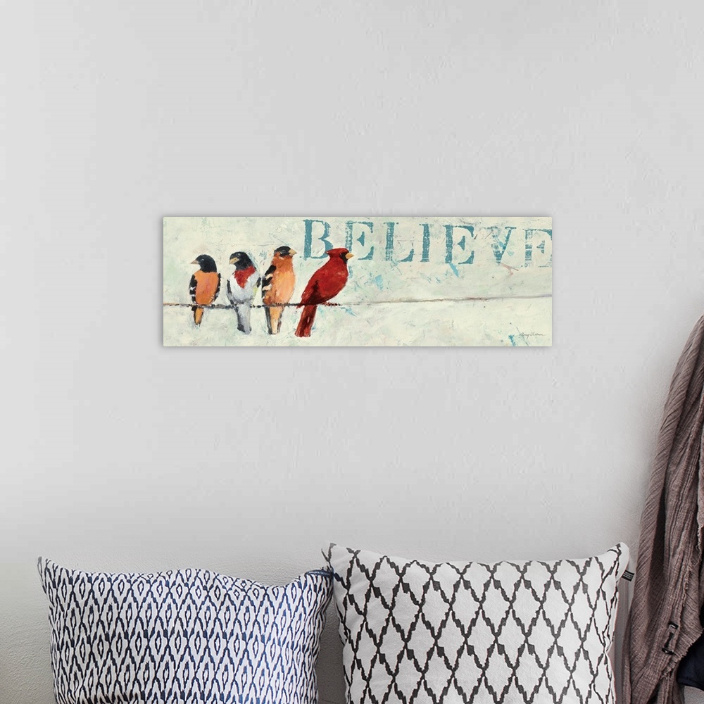 A bohemian room featuring Contemporary artwork of garden birds perched on a wire, with the word "Believe" in the background.