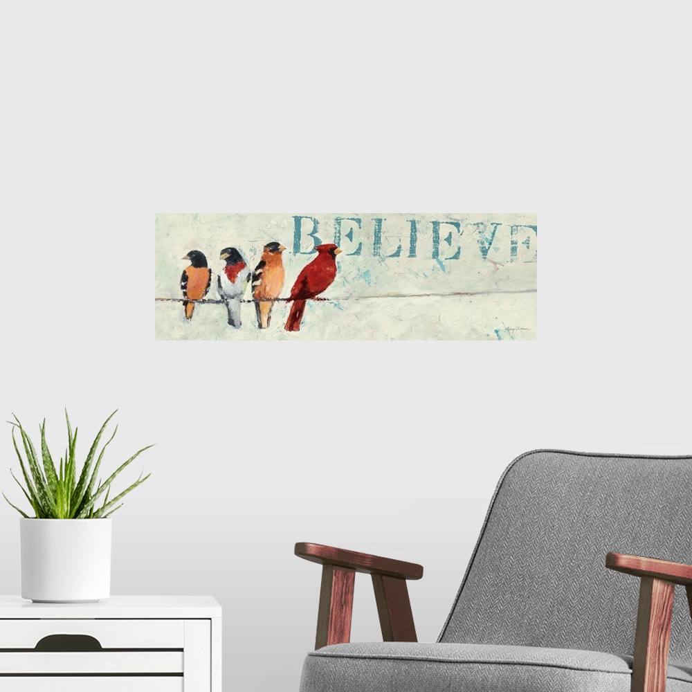 A modern room featuring Contemporary artwork of garden birds perched on a wire, with the word "Believe" in the background.
