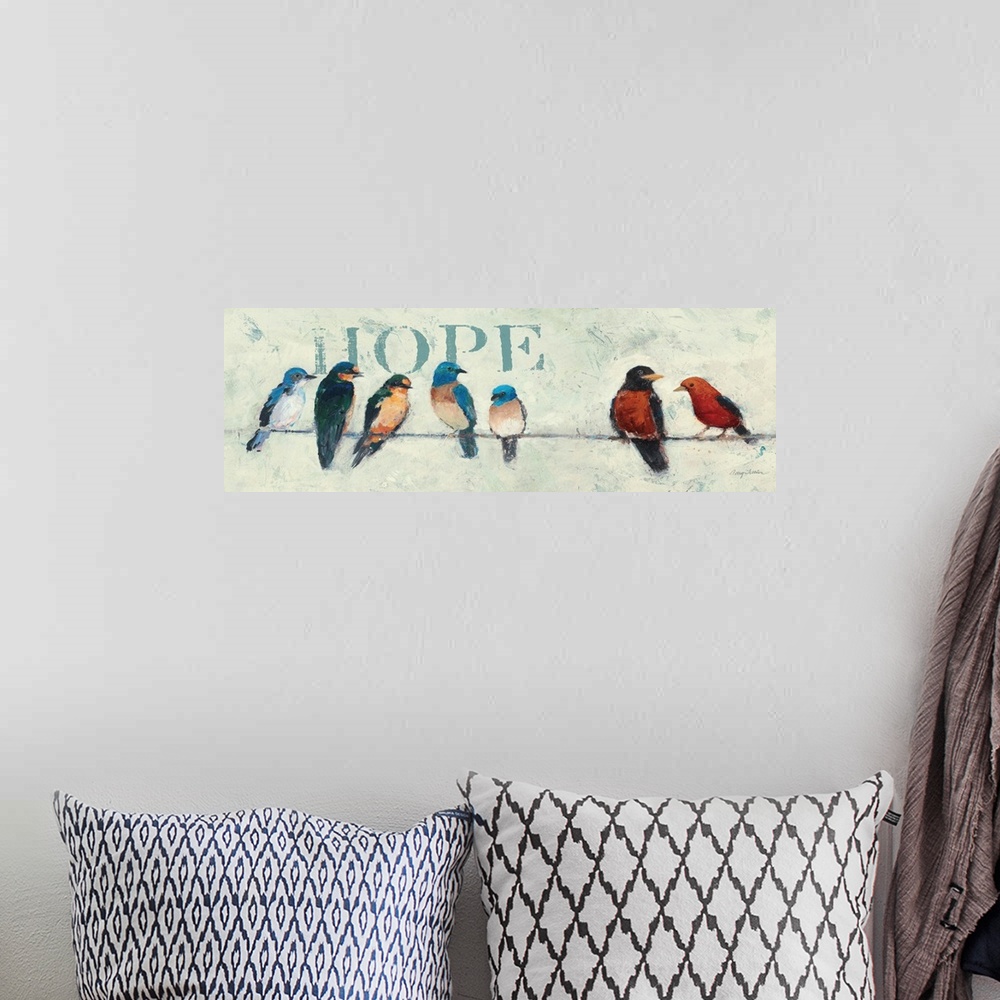 A bohemian room featuring Contemporary artwork of garden birds perched on a wire, with the word "Hope" in the background.