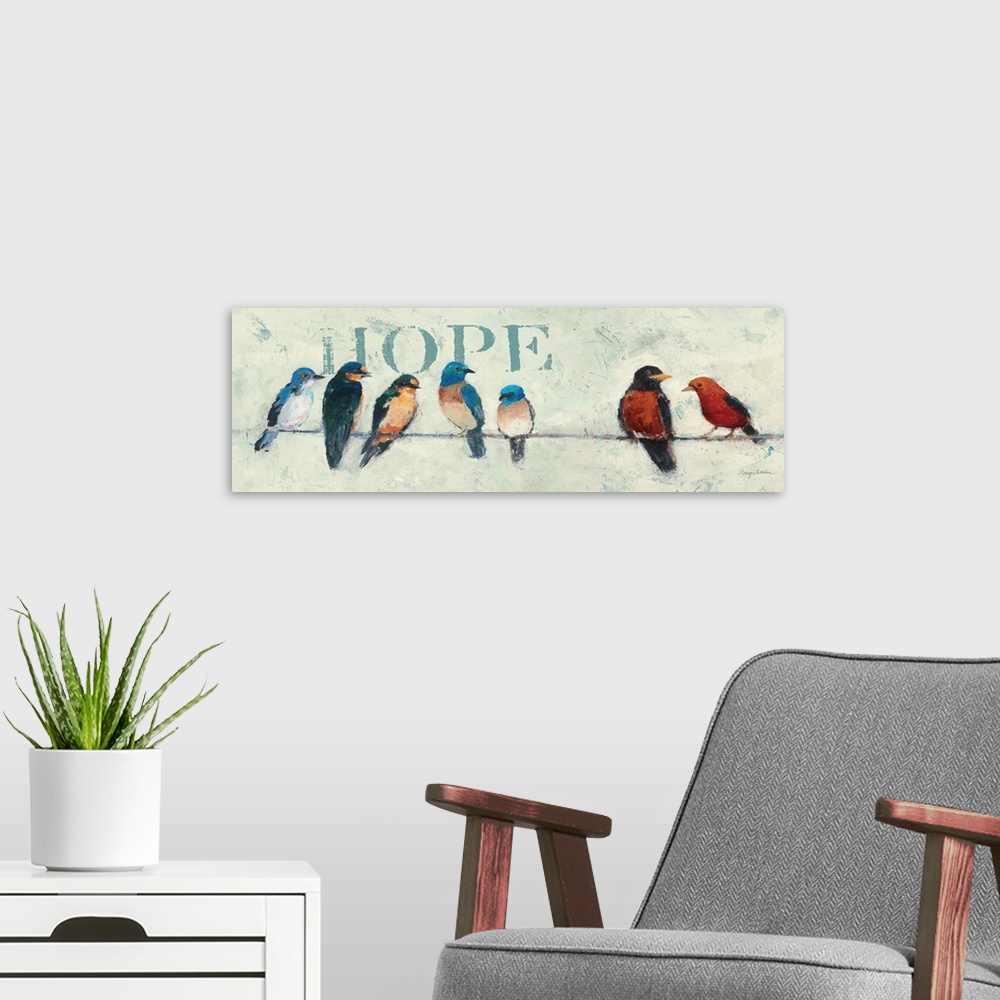 A modern room featuring Contemporary artwork of garden birds perched on a wire, with the word "Hope" in the background.