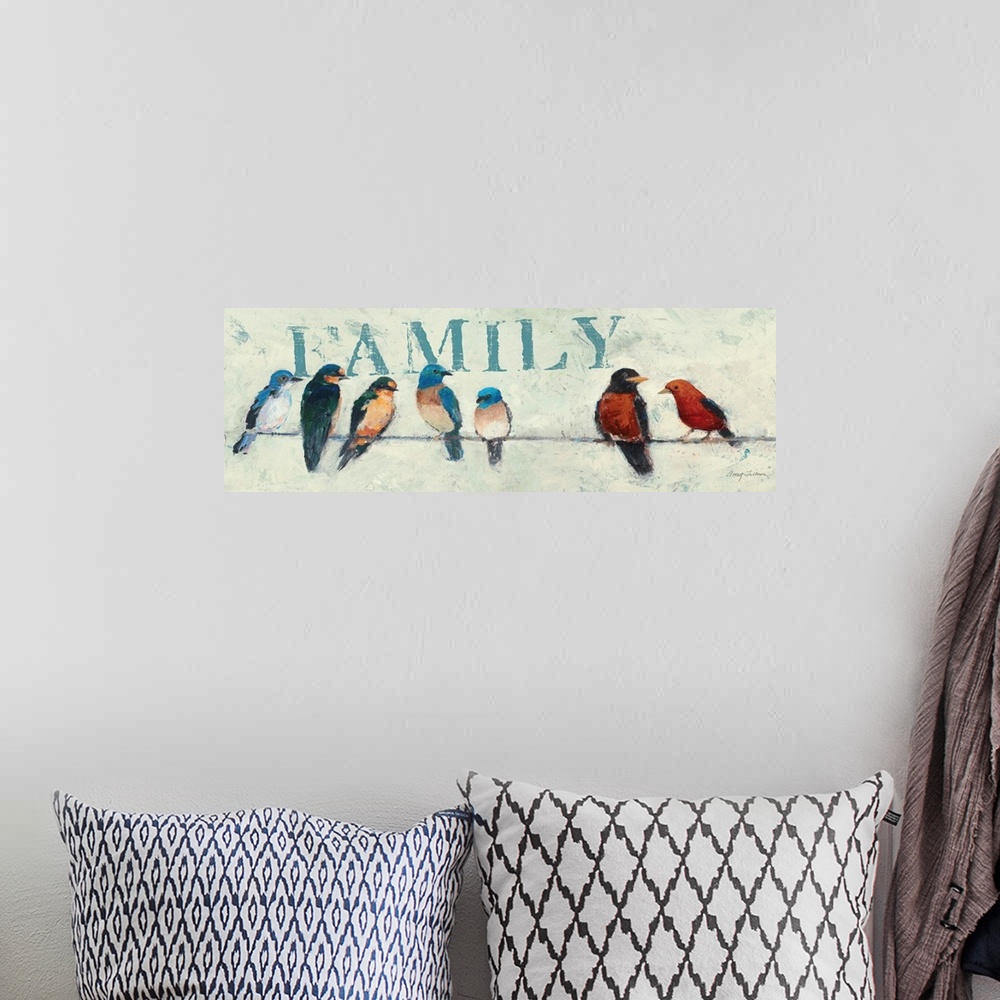 A bohemian room featuring Contemporary painting of garden birds sitting a wire, with the word "Family" in the background.