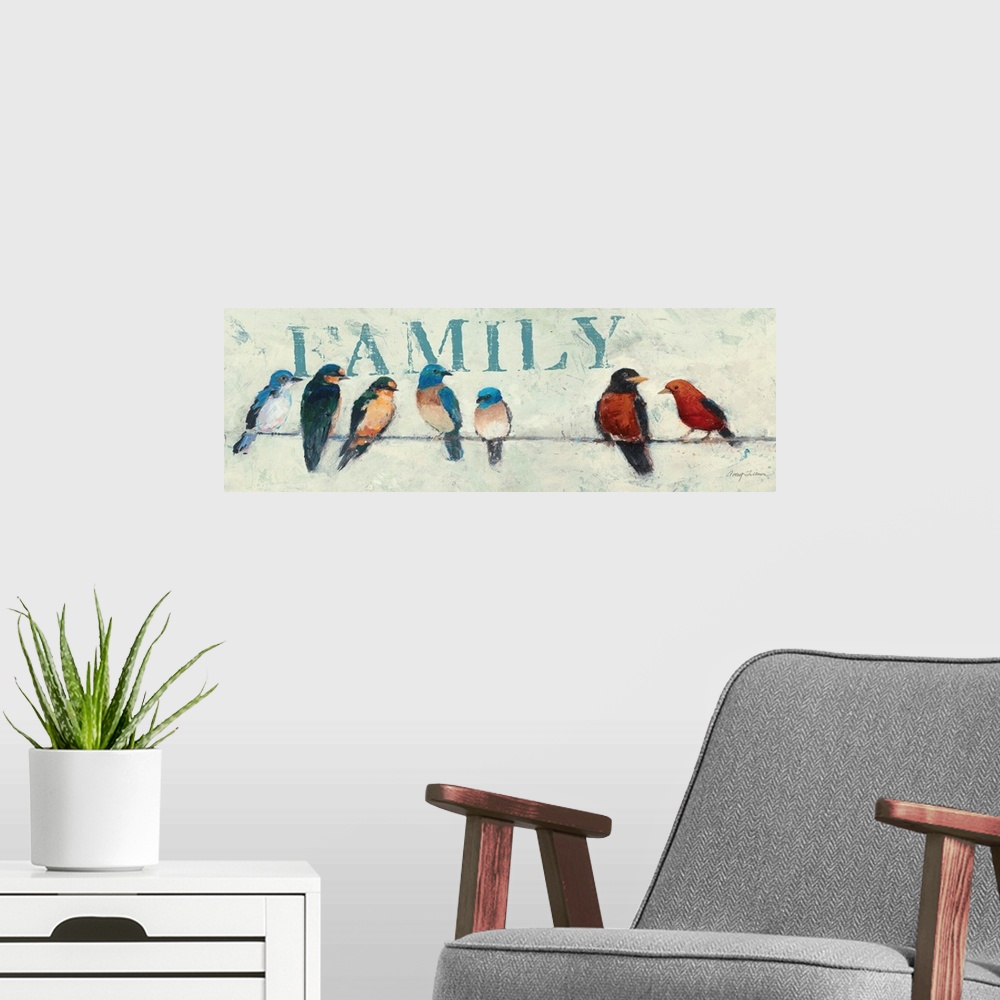 A modern room featuring Contemporary painting of garden birds sitting a wire, with the word "Family" in the background.