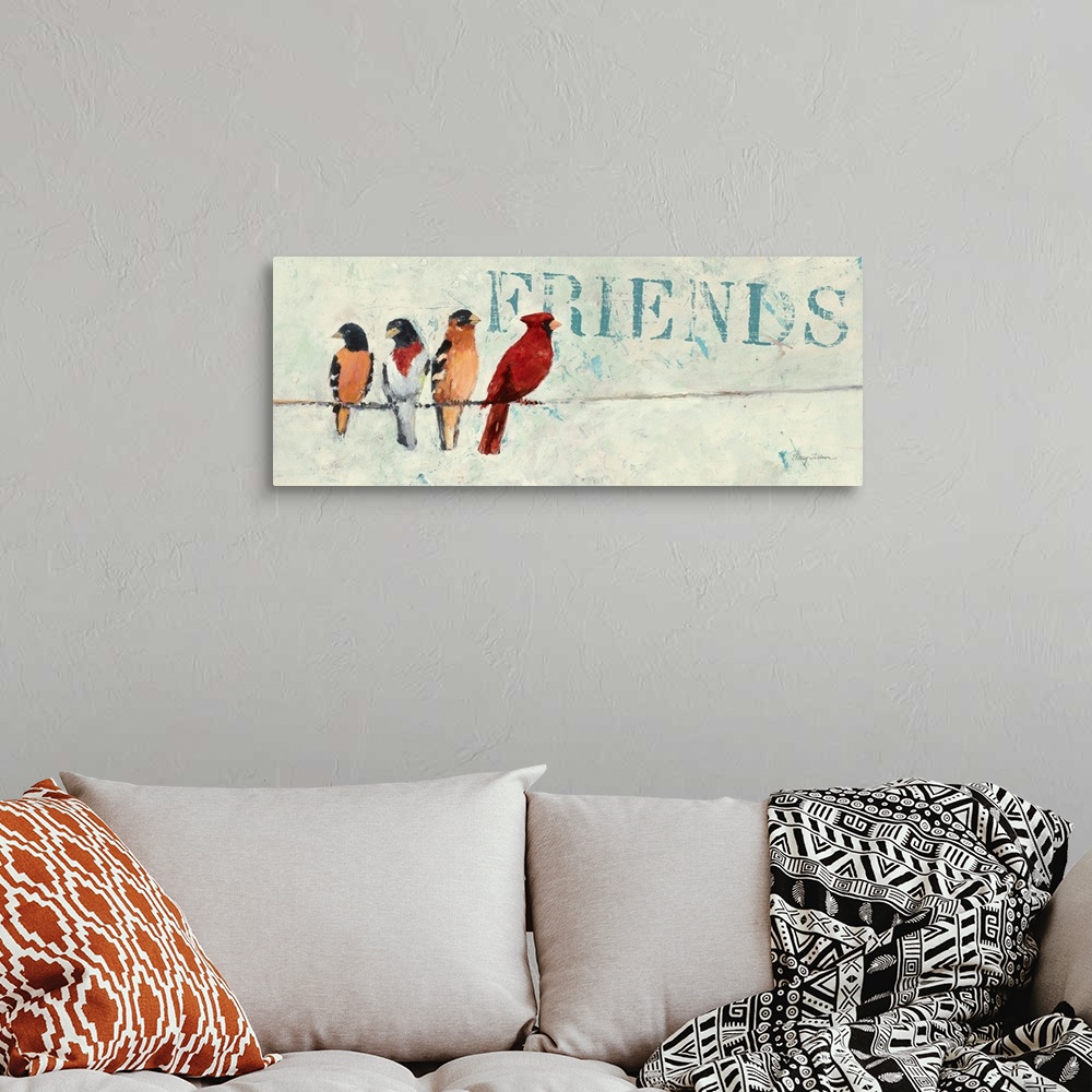 A bohemian room featuring Contemporary painting of garden birds sitting a wire, with the word "Friends" in the background.
