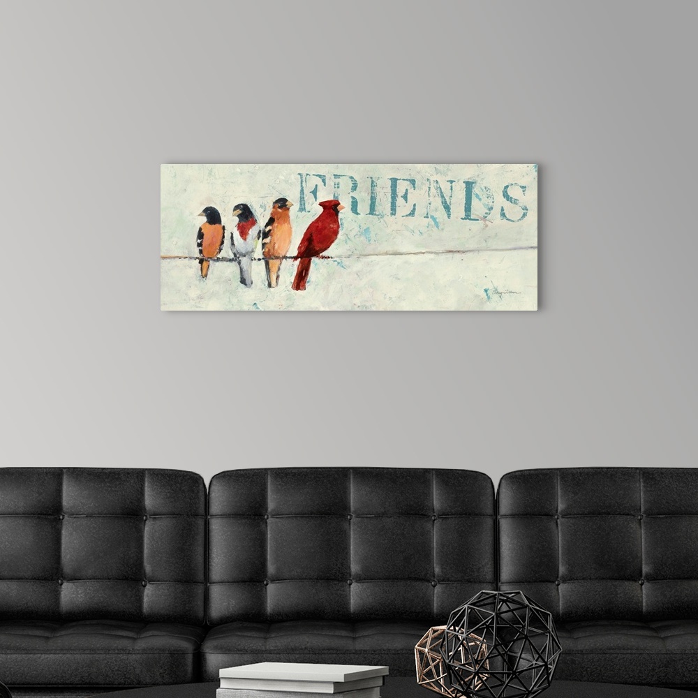 A modern room featuring Contemporary painting of garden birds sitting a wire, with the word "Friends" in the background.