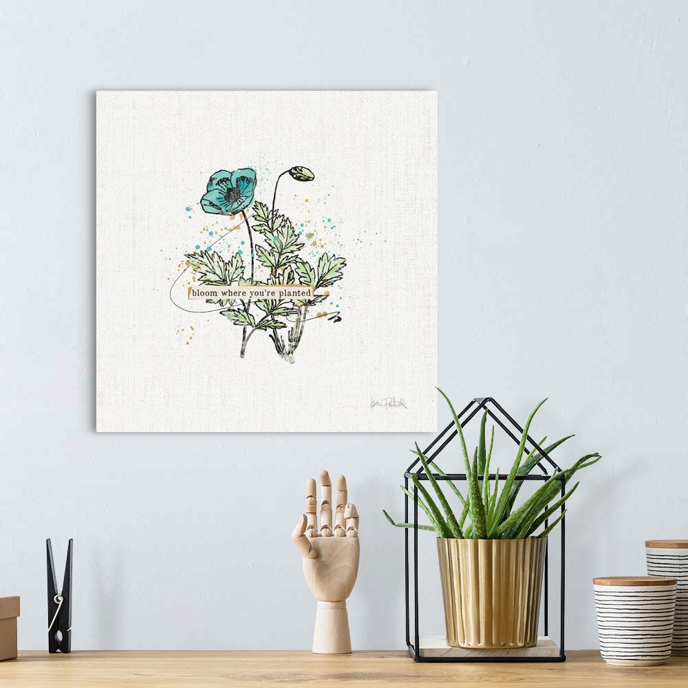 A bohemian room featuring Decorative artwork featuring a teal illustrated flower against a white textured background with t...